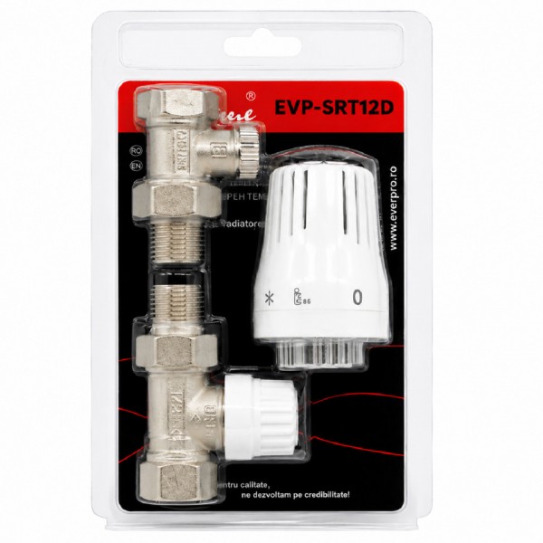 Set Termostatic pentru Radiator în Linie 1/2" – Robinet Tur, Robinet Retur și Cap Termostatic, Everpro