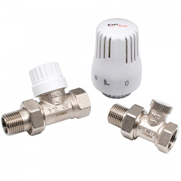 Set Termostatic pentru Radiator în Linie 1/2" – Robinet Tur, Robinet Retur și Cap Termostatic, Everpro
