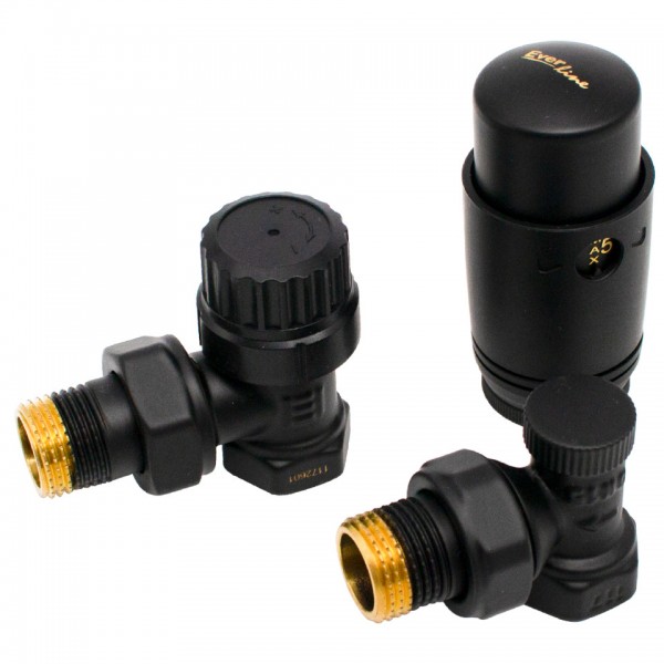 Set Termostatic Radiator 1/2" Negru – Robinet Tur, Robinet Retur și Cap Termostatic, Everpro
