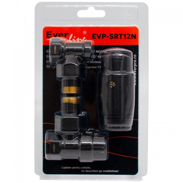 Set Termostatic Radiator 1/2" Negru – Robinet Tur, Robinet Retur și Cap Termostatic, Everpro