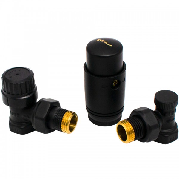 Set Termostatic Radiator 1/2" Negru – Robinet Tur, Robinet Retur și Cap Termostatic, Everpro