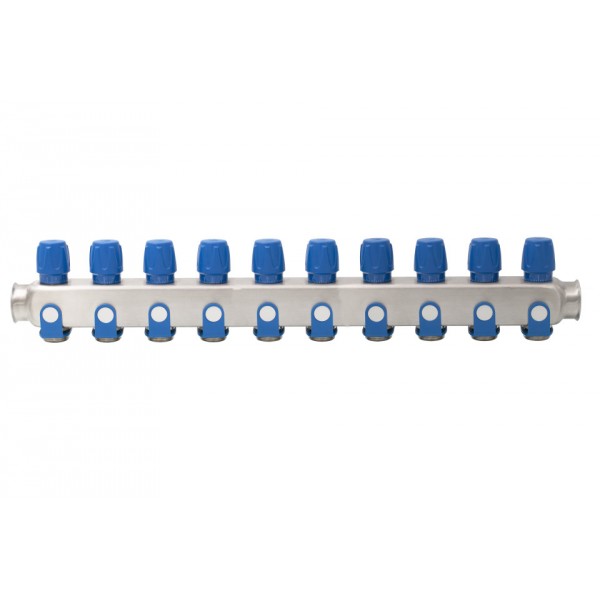 Distribuitor inox 10 cai cu robineti albastru 1"x 3/4"