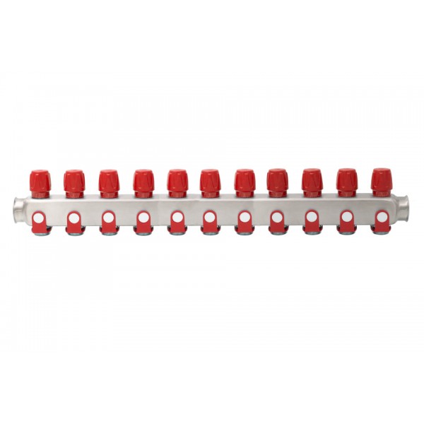 Distribuitor inox 11 cai cu robineti rosu 1"x 3/4"