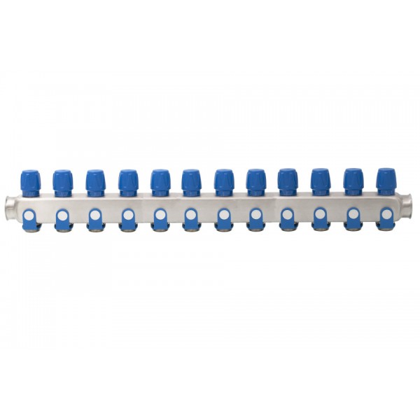 Distribuitor inox 12 cai cu robineti albastru 1"x 3/4"