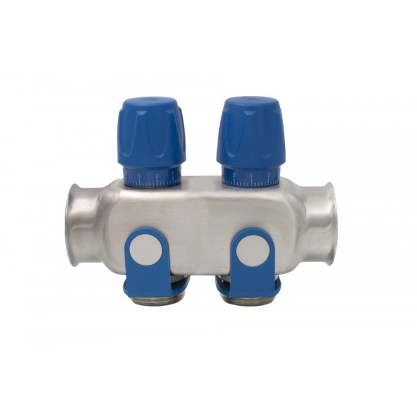 Distribuitor inox 2 cai cu robineti albastru 1"x 3/4"