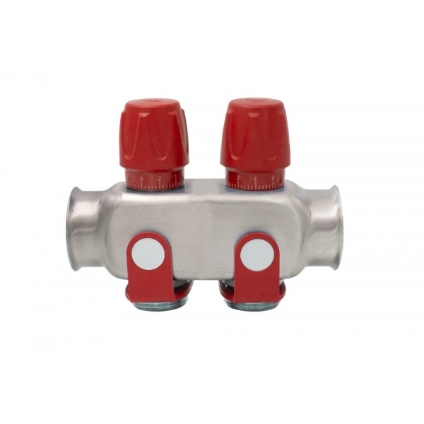 Distribuitor inox 2 cai cu robineti rosu 1"x 3/4"