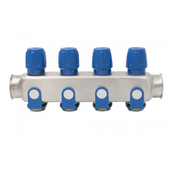 Distribuitor inox 4 cai cu robineti albastru 1"x 3/4"