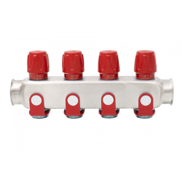 Distribuitor inox 4 cai cu robineti rosu 1"x 3/4"