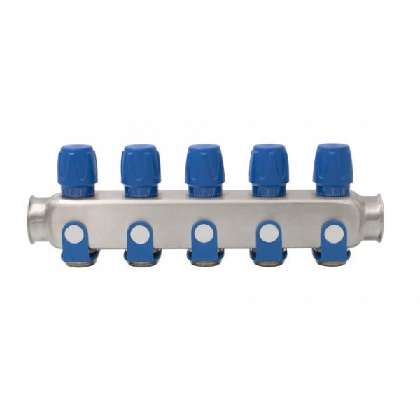 Distribuitor inox 5 cai cu robineti albastru 1"x 3/4"