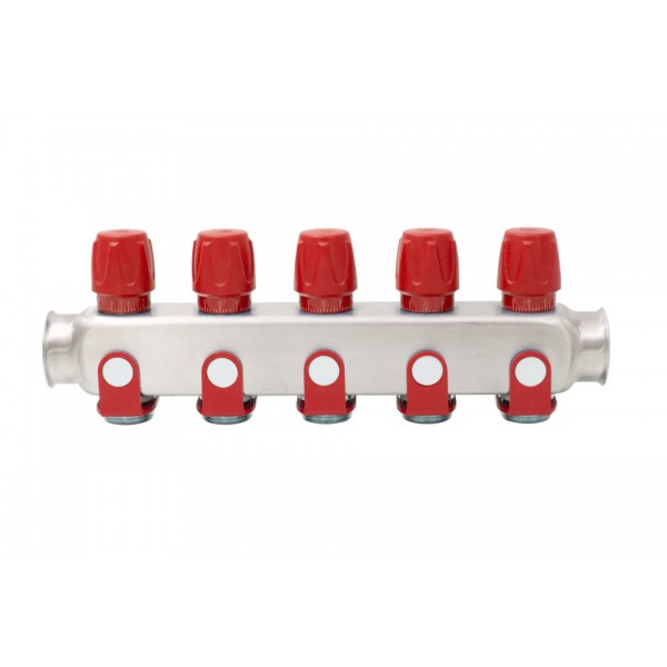 Distribuitor inox 5 cai cu robineti rosu 1"x 3/4"