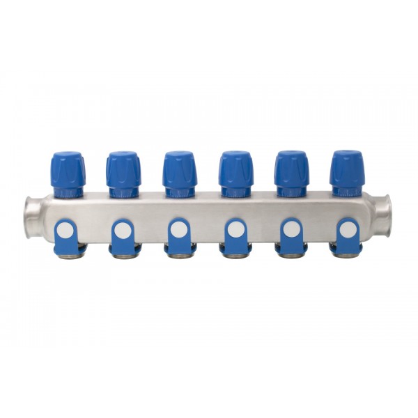 Distribuitor inox 6 cai cu robineti albastru 1"x 3/4"