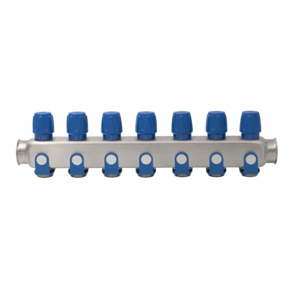 Distribuitor inox 7 cai cu robineti albastru 1"x 3/4"