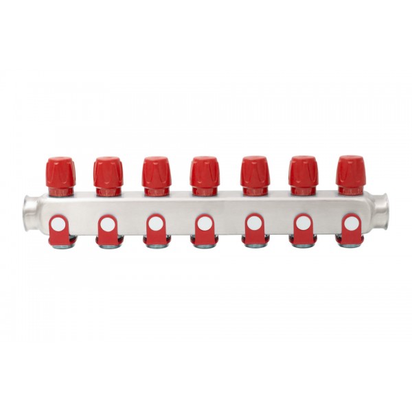 Distribuitor inox 7 cai cu robineti rosu 1"x 3/4"