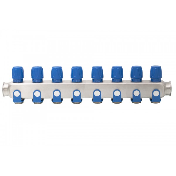 Distribuitor inox 8 cai cu robineti albastru 1"x 3/4"