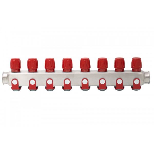 Distribuitor inox 8 cai cu robineti rosu 1"x 3/4"