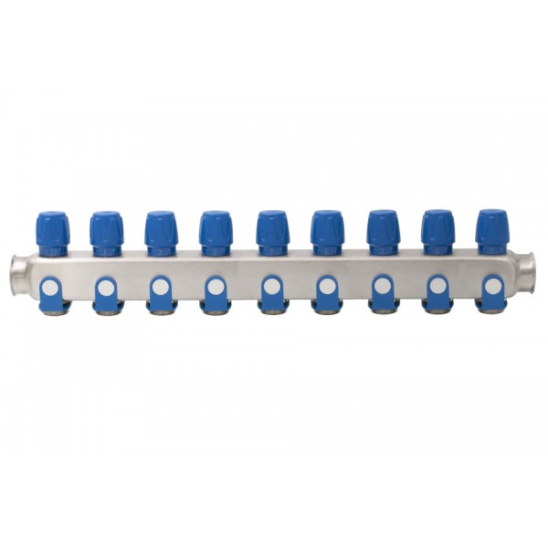 Distribuitor inox 9 cai cu robineti albastru 1"x 3/4"