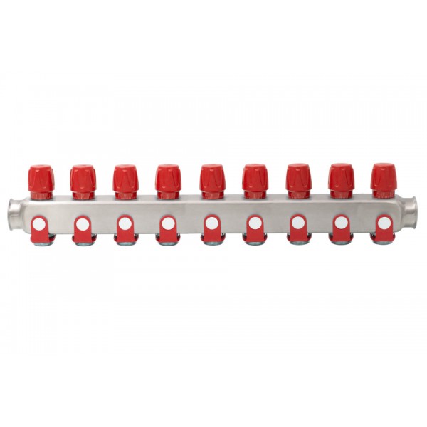 Distribuitor inox 9 cai cu robineti rosu 1"x 3/4"