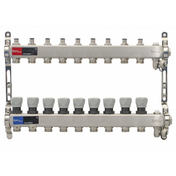 Set distribuitor INOX cu aerisitor manual si robinet de golire 1" - 9 cai