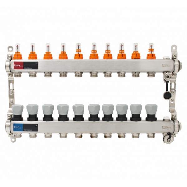 Set distribuitor INOX cu debitmetre, aerisitor manual si robineti de golire 1"- 10 cai