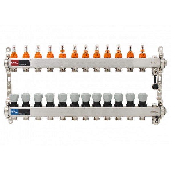 Set distribuitor INOX cu debitmetre, aerisitor manual si robineti de golire 1"- 12 cai