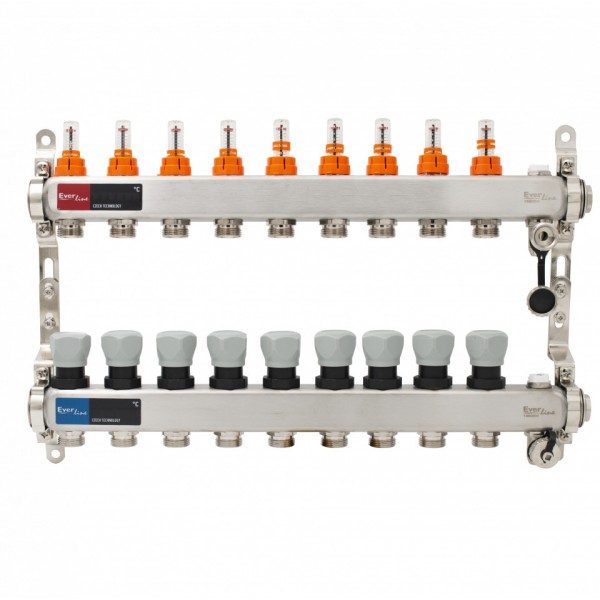 Set distribuitor INOX cu debitmetre, aerisitor manual si robineti de golire 1"- 9 cai