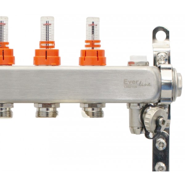 Set distribuitor INOX cu debitmetre, aerisitor manual si robineti de golire 1"- 2 cai