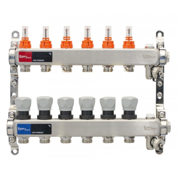 Set distribuitor INOX cu debitmetre, aerisitor manual si robineti de golire 1"- 6 cai
