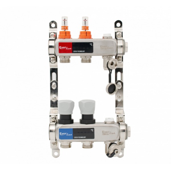Set distribuitor INOX cu debitmetre, aerisitor manual si robineti de golire 1"- 2 cai