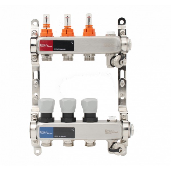 Set distribuitor INOX cu debitmetre, aerisitor manual si robineti de golire 1"- 3 cai