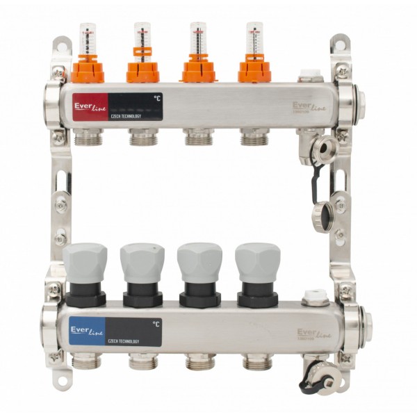 Set distribuitor INOX cu debitmetre, aerisitor manual si robineti de golire 1"- 4 cai