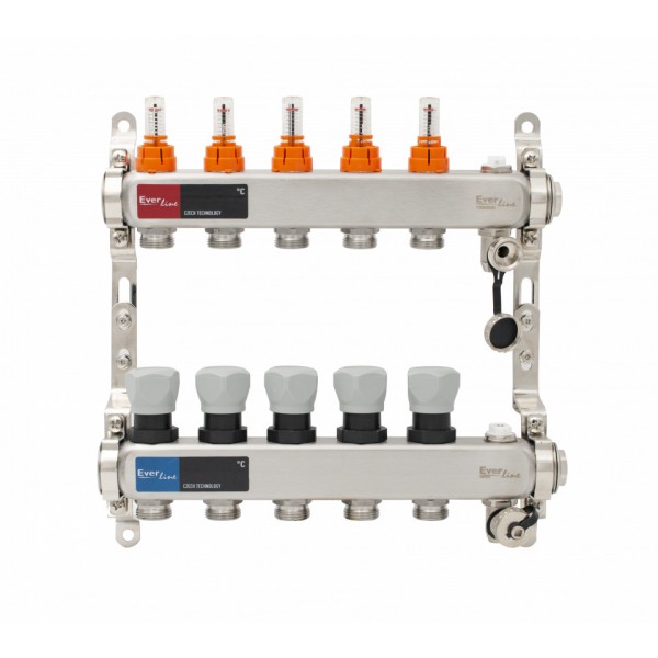 Set distribuitor INOX cu debitmetre, aerisitor manual si robineti de golire 1"- 5 cai