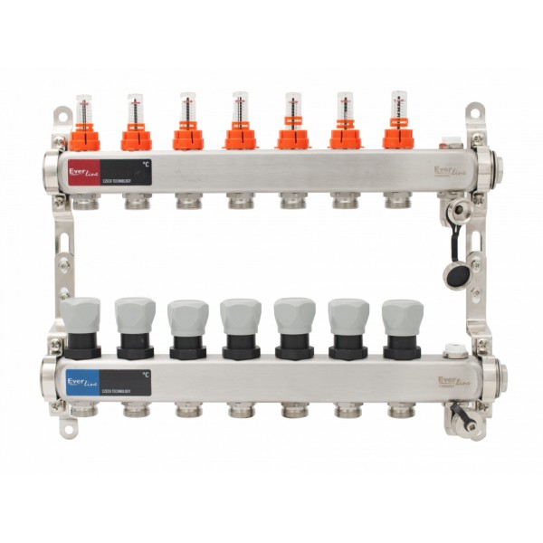 Set distribuitor INOX cu debitmetre, aerisitor manual si robineti de golire 1"- 7 cai