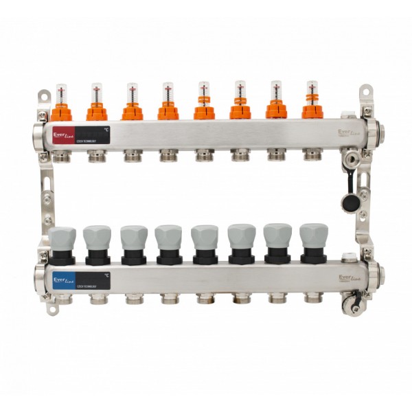 Set distribuitor INOX cu debitmetre, aerisitor manual si robineti de golire 1"- 8 cai