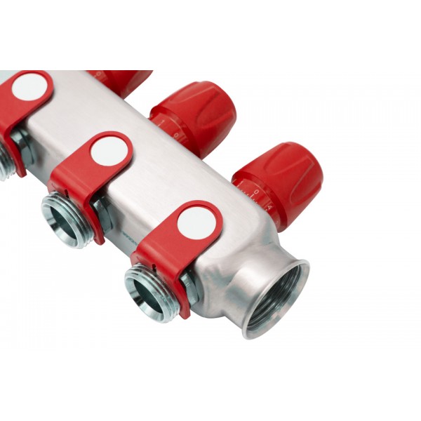 Distribuitor inox 10 cai cu robineti rosu 1"x 3/4"