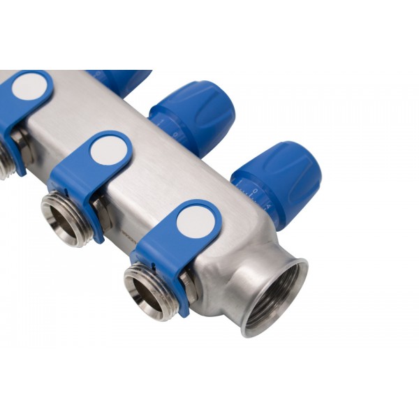 Distribuitor inox 9 cai cu robineti albastru 1"x 3/4"