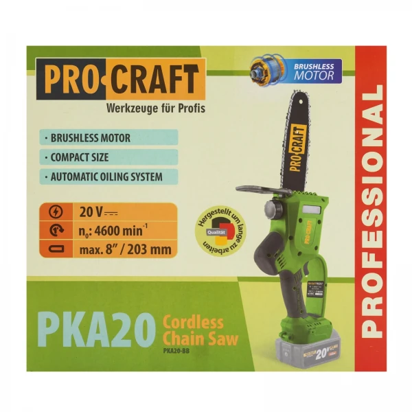 Motofierastrau cu acumulator Procraft PKA20, Li-ion, 20 V, 4.0 Ah, 4600 rotatii, Brushless, Lama 24 cm Motofierastrau cu acumulator Procraft PKA20, Li-ion, 20 V, 4.0 Ah, 4600 rotatii, Brushless, Lama 24 cm