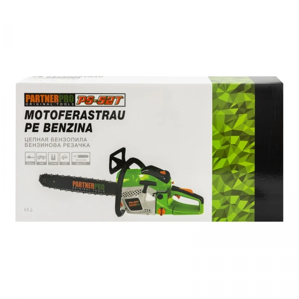 Drujbă pe Benzină PartnerPro PS-52T, Motor 52 cm³, 4 CP, Lamă 38 cm, Ungere Automată, Motoferăstrău Profesional