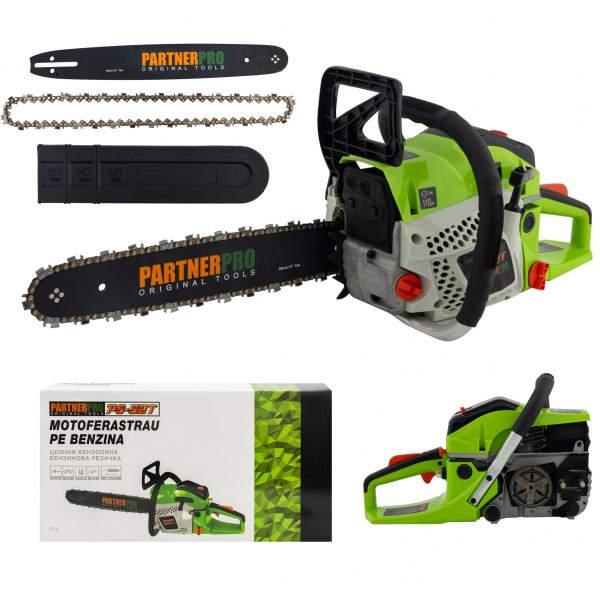 Drujbă pe Benzină PartnerPro PS-52T, Motor 52 cm³, 4 CP, Lamă 38 cm, Ungere Automată, Motoferăstrău Profesional