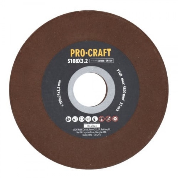 Disc de ascutit pentru ascutitor cu lant S108x23x3.2 GRANULATIE P100, NUMAR ROTATII 5800 RPM PROCRAFT