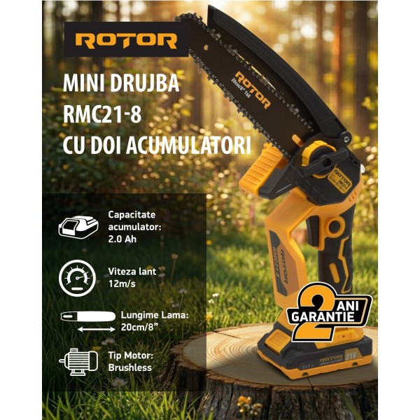 Fierastrau cu lant si acumulator ROTOR RMC21-8, 21V / 2Ah, Brushless , Ungere lanț