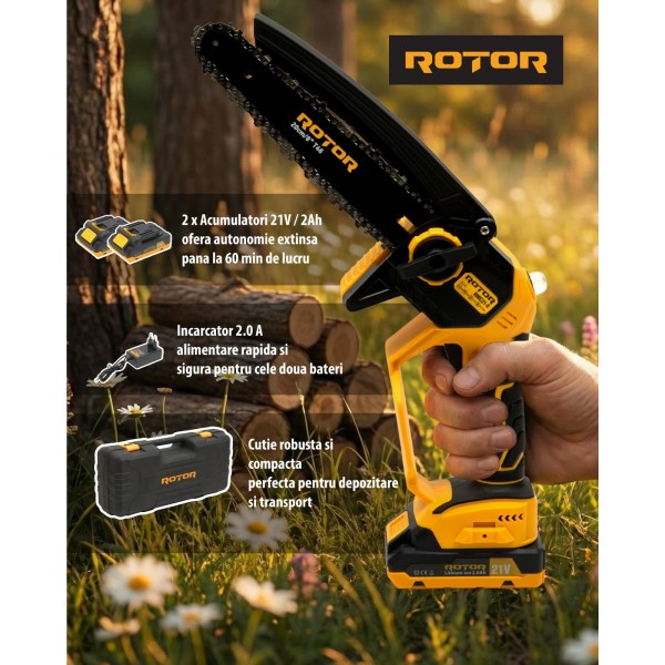 Fierastrau cu lant si acumulator ROTOR RMC21-8, 21V / 2Ah, Brushless , Ungere lanț