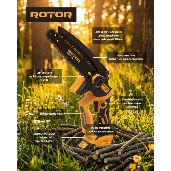 Fierastrau cu lant si acumulator ROTOR RMC21-8, 21V / 2Ah, Brushless , Ungere lanț