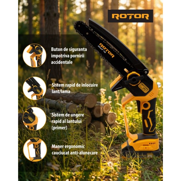 Fierastrau cu lant si acumulator ROTOR RMC21-8, 21V / 2Ah, Brushless , Ungere lanț