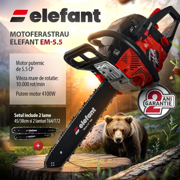 Drujba pe benzina Elefant, motor 2 timpi, EM-5.5, 10000 rot / min, 5,5 CP , 2 lame 2 lanturi