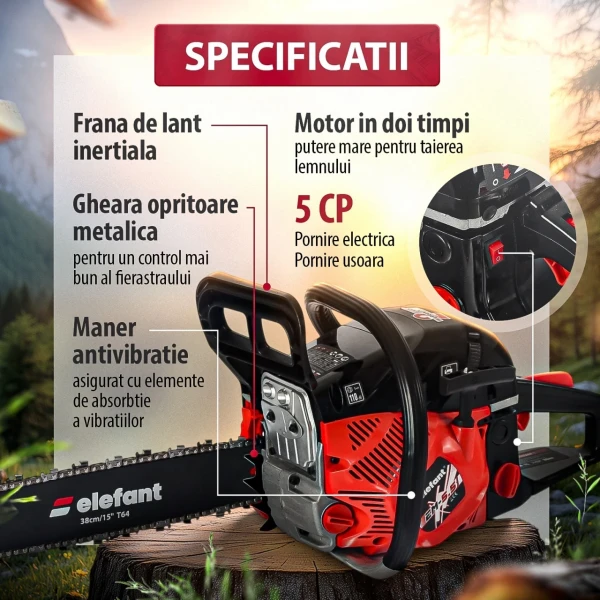 Drujba pe benzina Elefant, motor 2 timpi, EM-5.5, 10000 rot / min, 5,5 CP , 2 lame 2 lanturi