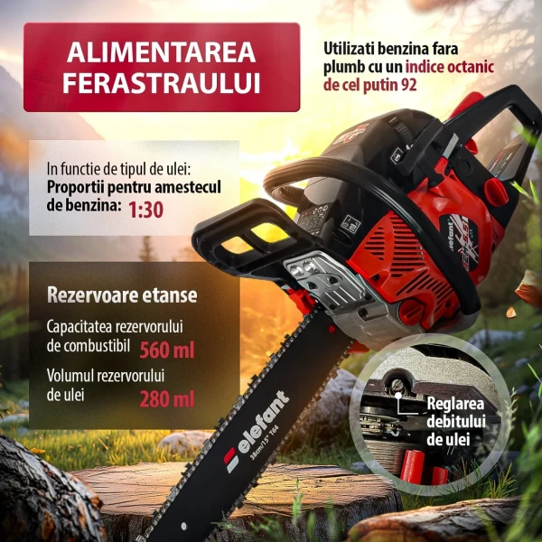 Drujba pe benzina Elefant, motor 2 timpi, EM-5.5, 10000 rot / min, 5,5 CP , 2 lame 2 lanturi