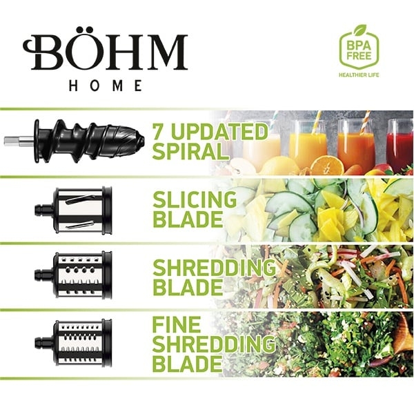 Storcator de fructe si legume cu presare la rece si razatoare multifunctionala, 150 W,Material Fara BPA, BÖHM BM1533SM