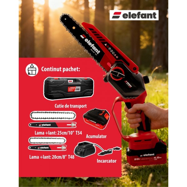 Mini fierăstrău cu lanț și acumulator ELEFANT EBS-104, 20V / 4Ah, Brushless