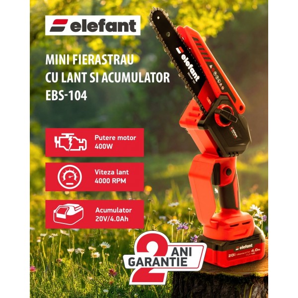 Mini fierăstrău cu lanț și acumulator ELEFANT EBS-104, 20V / 4Ah, Brushless