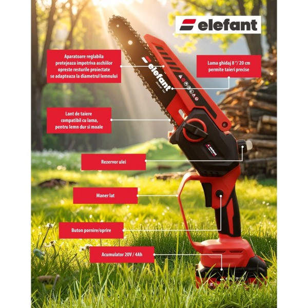 Mini fierăstrău cu lanț și acumulator ELEFANT EBS-104, 20V / 4Ah, Brushless